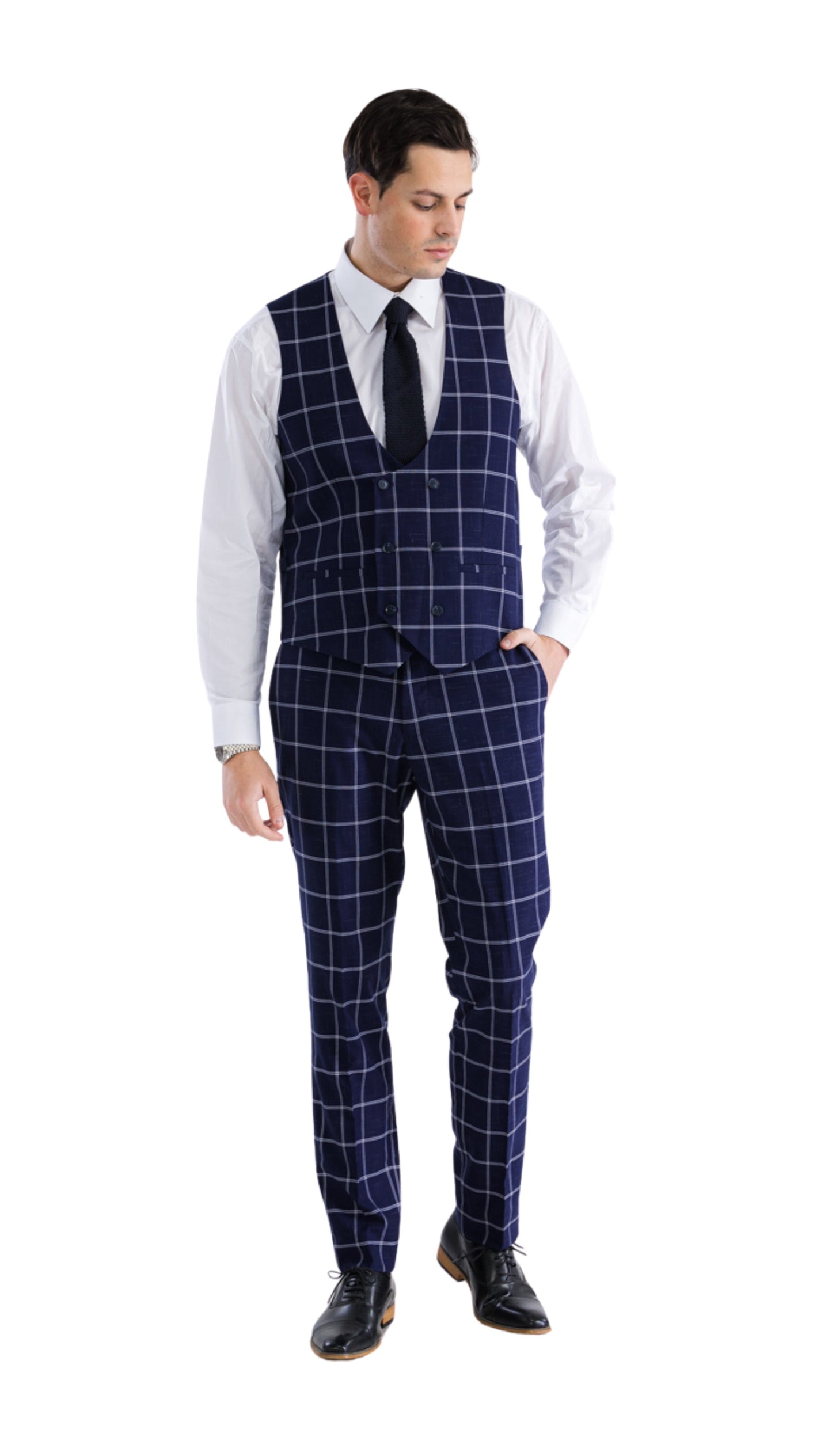 Men’s Navy Plaid Slim Fit 3-Piece Suit
