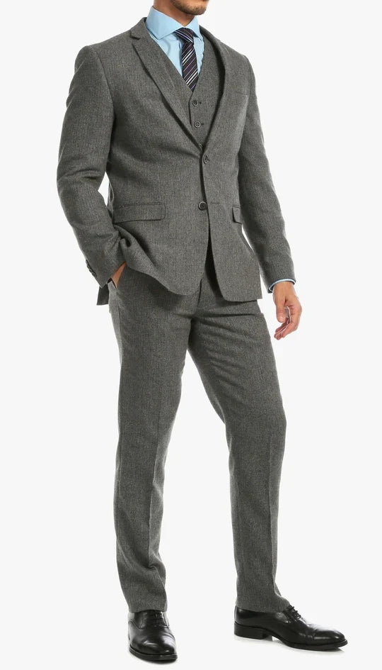 Men’s Grey Herringbone Slim Fit 3-Piece Suit